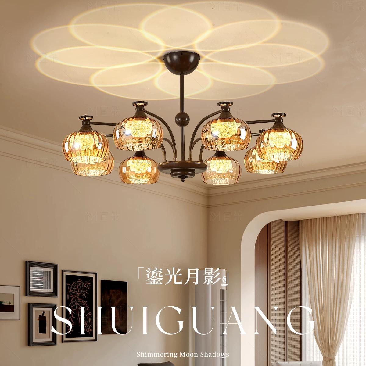 法式中古吊燈 實木+鐵藝+玻璃