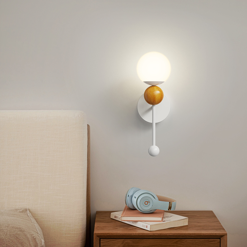 臥室床頭壁燈北歐日式木紋背景牆燈現代簡約創意圓球過道吸頂燈