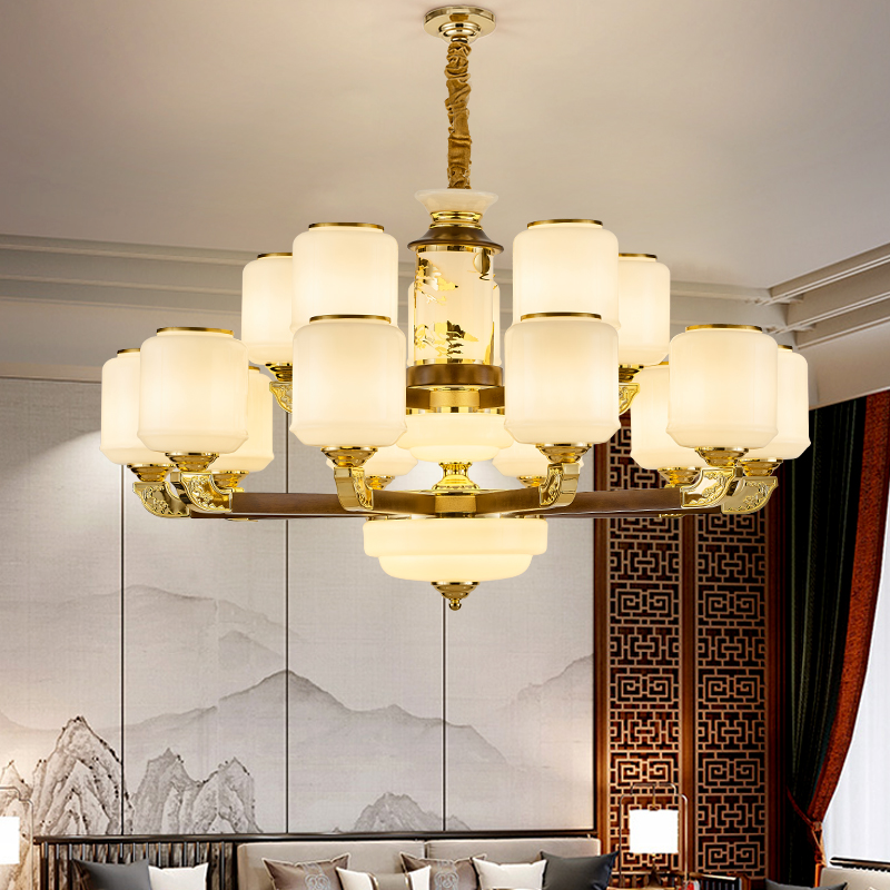 新中式客廳全銅吊燈大氣中國風餐廳臥室燈具天然雲石玉石書房燈具