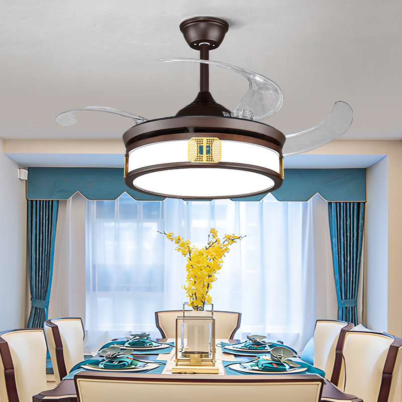 新中式風扇燈原木家用木色隱形靜音變頻遙控客廳餐廳臥室電扇吊燈