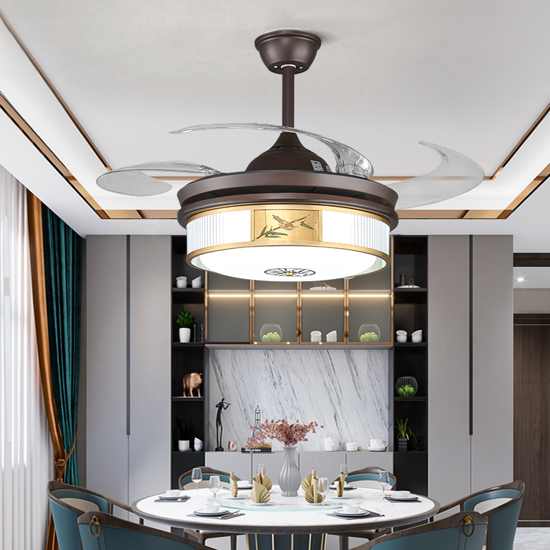  新中式風扇燈原木家用木色隱形靜音變頻遙控客廳餐廳臥室電扇吊