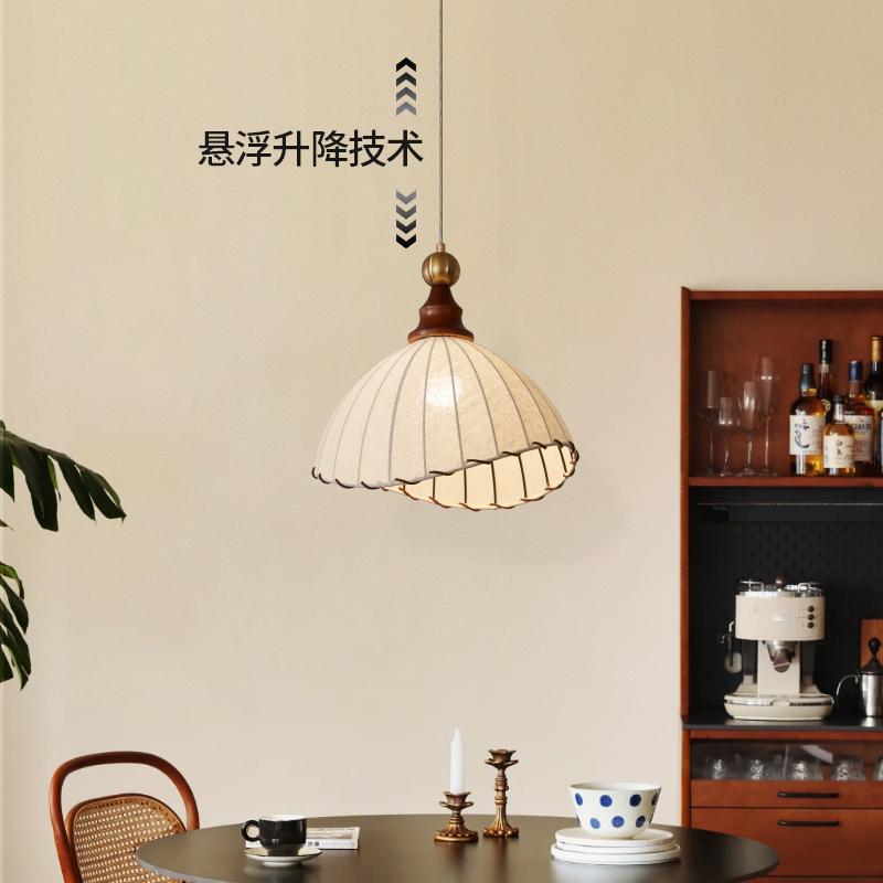懸浮升降餐廳燈南洋風實木法式中古布藝餐桌吊燈侘寂風複古飯廳燈